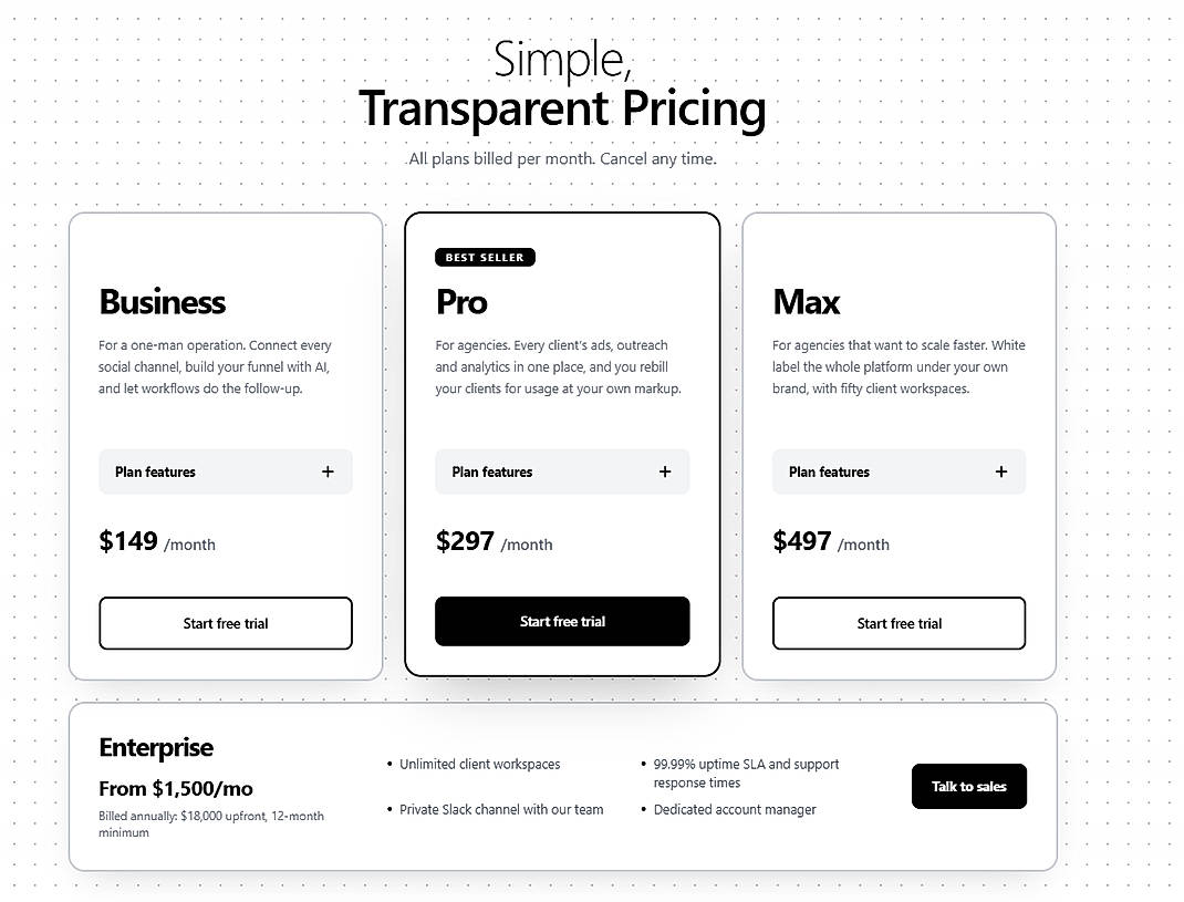 Pricing screenshot