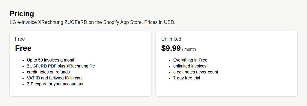 Pricing screenshot