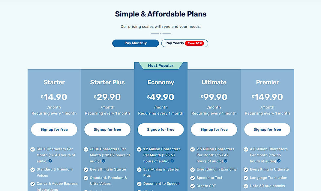 Pricing screenshot