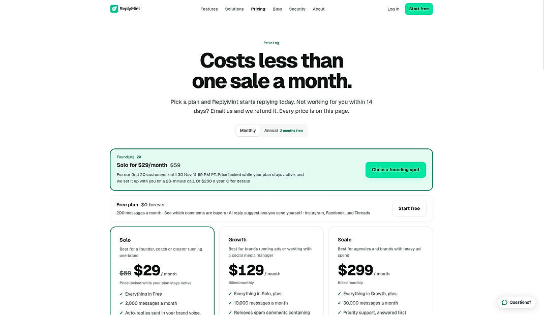 Pricing screenshot
