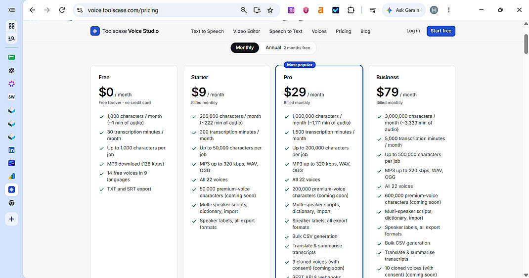 Pricing screenshot