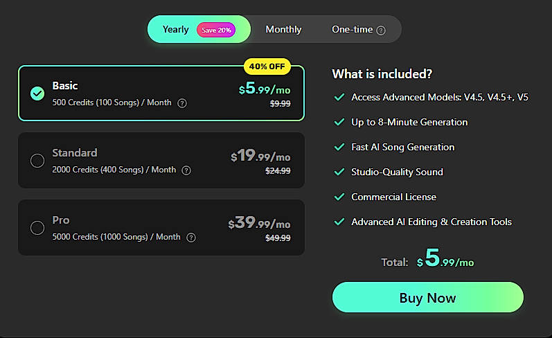 Pricing screenshot