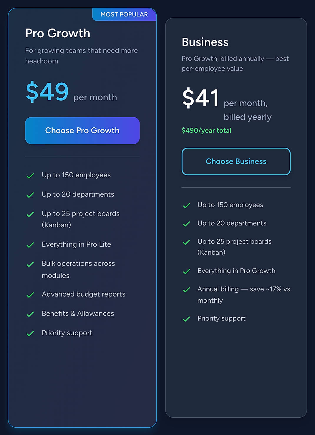 Pricing screenshot