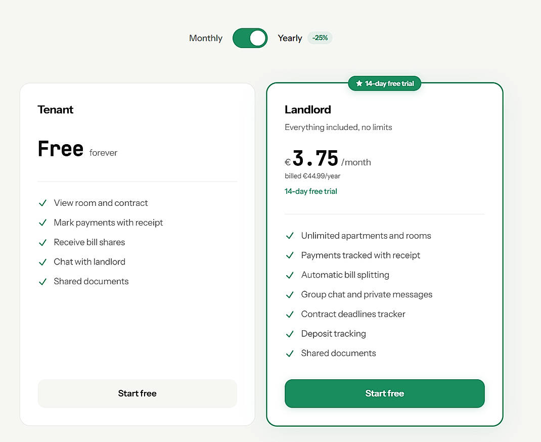 Pricing screenshot