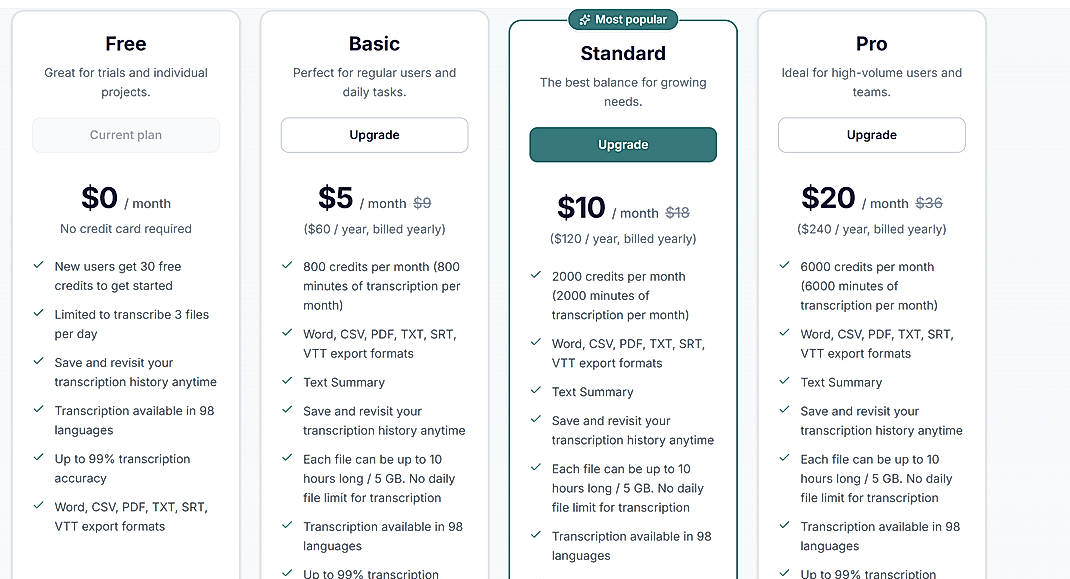 Pricing screenshot