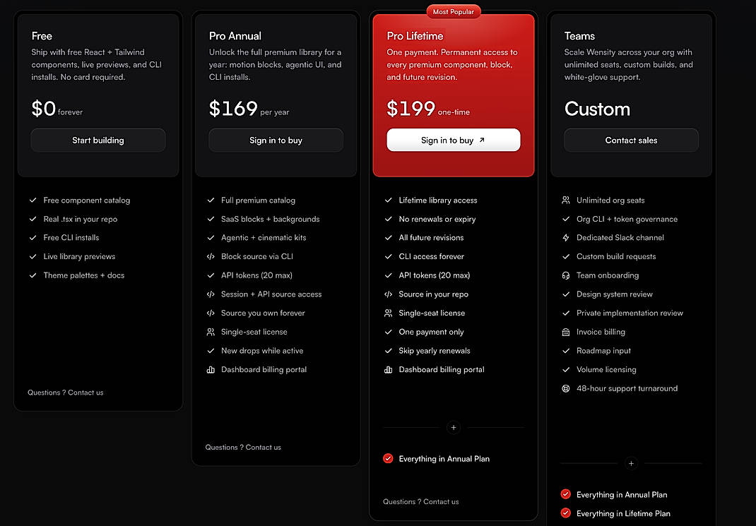 Pricing screenshot