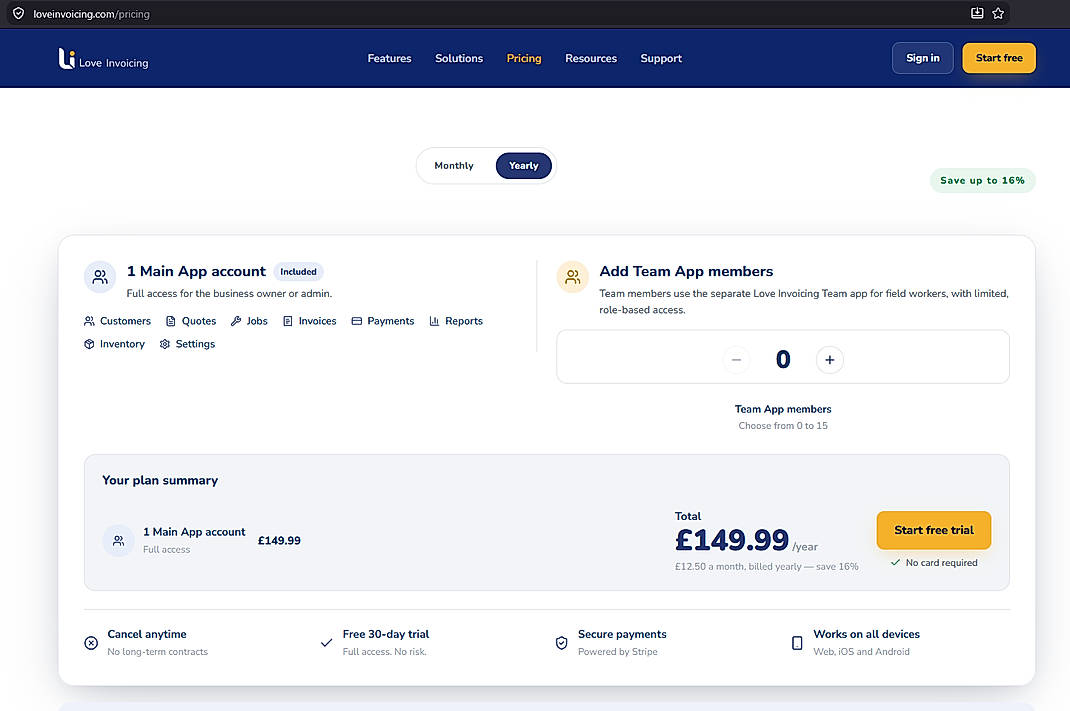 Pricing screenshot