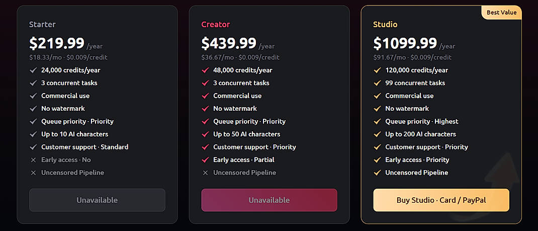 Pricing screenshot