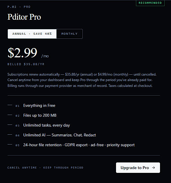 Pricing screenshot