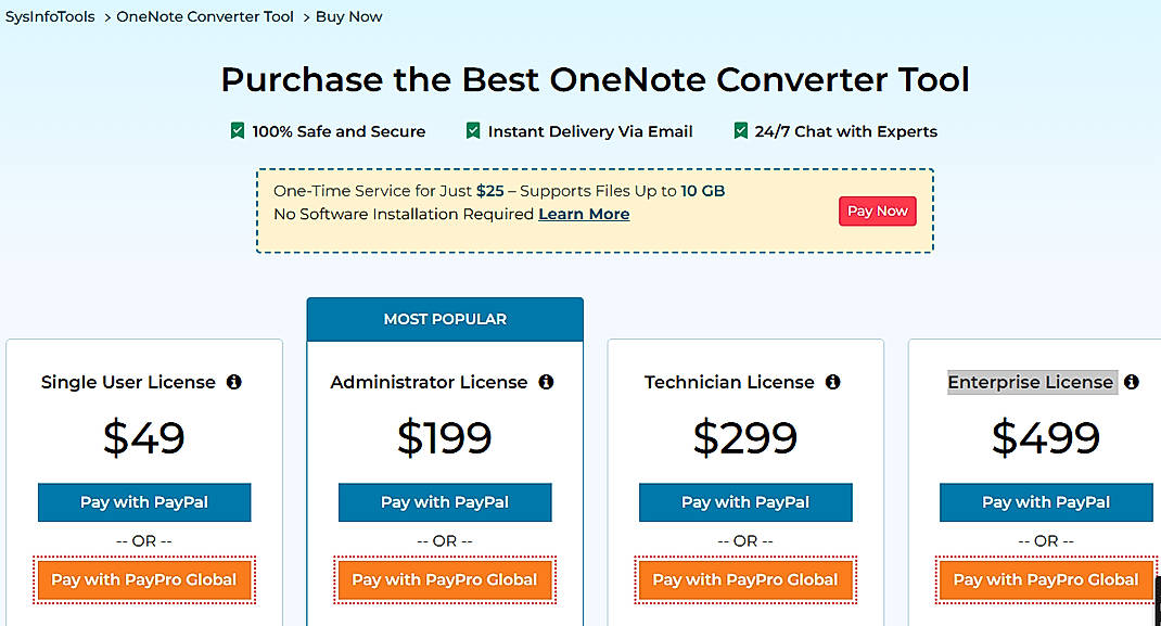 Pricing screenshot