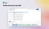 Edited transcript with automatic speaker separation and word-level timestamps. Clicking any word jumps the audio player to that moment.