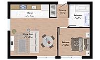 2D floor plan with furniture and dimensions