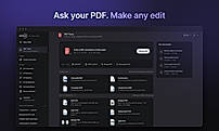 Eliten PDF Tools interface showing a document upload area, categorized actions (Chat with PDF, Summarize, Translate, Edit, Redact, Sign, Merge, Split), and a list of uploaded documents