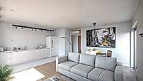 Photorealistic render: living room and kitchen