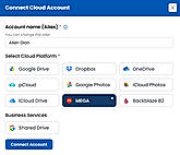 Seamlessly link and configure new cloud storage accounts by entering a custom account alias and choosing from a wide selection of major providers like Google Drive, Dropbox, OneDrive, MEGA, and Backblaze.