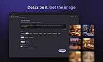 Eliten Text to Image tool showing a description prompt, style and size options, and a grid of generated workspace-themed images