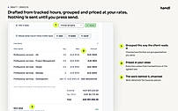 Draft invoice built from tracked hours, grouped and priced at your rates. Nothing is sent until you press send.