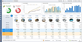 Synergix ERP business analytics dashboard showing S-curve, project cash flow, and multi-project cost and profit tracking