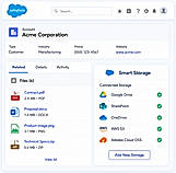 Smart Storage for Salesforce showing cloud file management with Google Drive, SharePoint, OneDrive, AWS S3, and Alibaba Cloud OSS