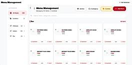 F&Bos Menu Management screen for Palki Restaurant showing 310 active menu items organized by categories (Chinese, Indian, Bar). Bar section displays alcoholic beverages with prices in rupees, product names, and action buttons (Deactivate, Edit, Delete) for each item.