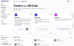 Create a QR Code three ways: Quick Code for direct links, Build a Page for a landing page, or AI Studio to generate one with AI.