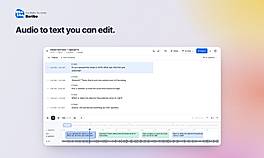 Edited transcript with automatic speaker separation and word-level timestamps. Clicking any word jumps the audio player to that moment.