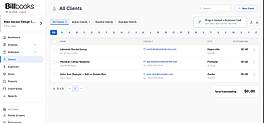A modern client management dashboard showing client details, contact information, and outstanding balances, with a built in business card upload feature that lets you drag and drop a business card to add a new contact to your books in seconds.