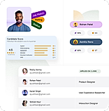 Every candidate gets a transparent, stage-by-stage score — from application through phone screening, assessment, interview, and document verification — rolling up into one overall rating. Compare candidates side by side with match percentage and rating at a glance, so you know exactly who to move forward.