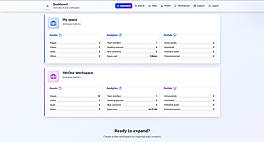 Multi-workspace dashboard with asset counts, team analytics, storage usage, and portal statistics at a glance.