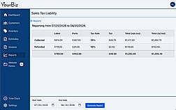 YourBiz Run reports such as sales tax liability to stay on top of tax filing.
