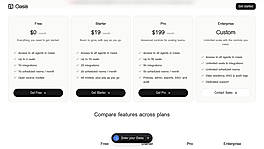 Pricing - Free, Starter $19/mo, Pro $199/mo, Enterprise custom