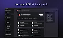 Eliten PDF Tools interface showing a document upload area, categorized actions (Chat with PDF, Summarize, Translate, Edit, Redact, Sign, Merge, Split), and a list of uploaded documents