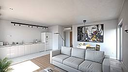 Photorealistic render: living room and kitchen