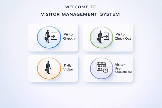 Visitor User Panel (Check-In / Check-Out Screen): Interactive welcome screen allowing visitors to quickly check-in, check-out, view daily visitors, and manage pre-appointments through a simple and modern interface.
