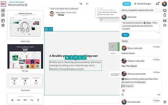Blocks Edit screenshot of the visual editor with the team comments in the activity panel