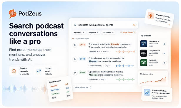 Search across podcast transcripts, summaries, topics, and episode content. Find exact moments with timestamped snippets, podcast context, and direct access to the full episode intelligence.