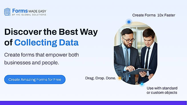 This image highlights Forms Made Easy for building smart Salesforce forms with no-code automation and real-time sync.