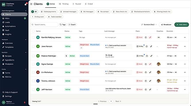Coach dashboard for managing active clients, payments, messages, check-ins and o