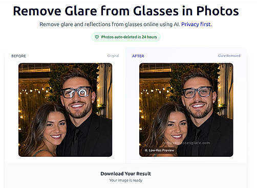 An example of 'before-after' preview after glasses glare removal