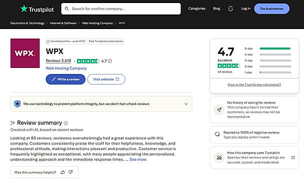 WPX Trustpilot score