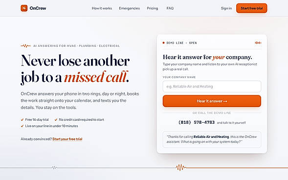 OnCrew homepage: AI answering service for contractors