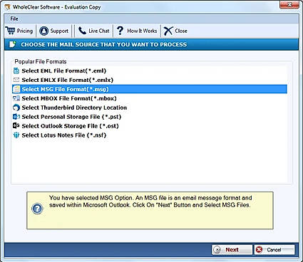 select msg in mail source