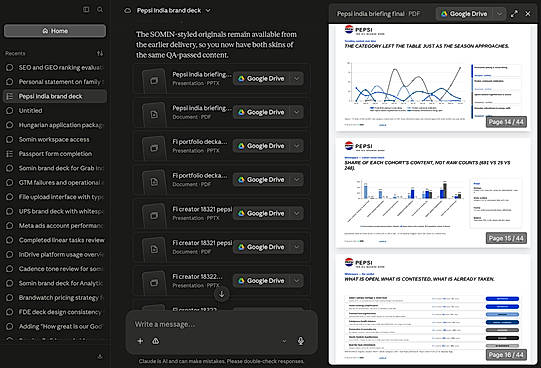 Via SOMIN's MCP connection, AI assistants like Claude run the full workflow end to end — here delivering a 44-page market briefing with verified trends and a whitespace verdict table, prepared with SOMIN and saved to Google Drive.