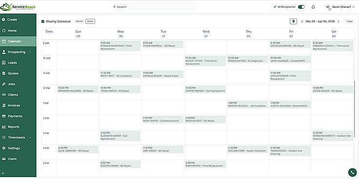 ServiceReach Dashboard in the calendar tab