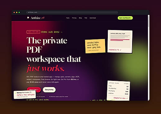 Homepage showing Arthize as a private PDF workspace.