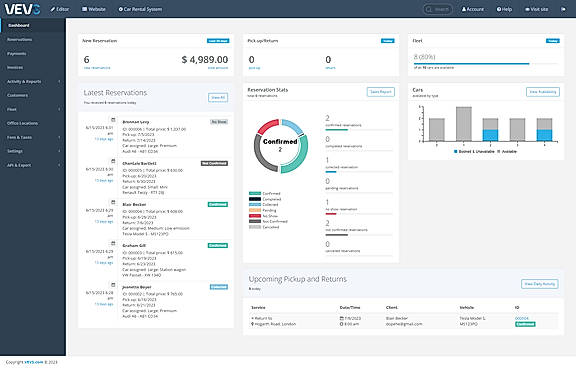 VEVS Car Rental Software Dashboard