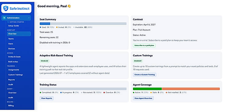Admin dashboard: seat usage, company-wide training completion, and endpoint agent coverage in a single view. Adaptive risk-based training tailors each employee's path to the apps they actually use.