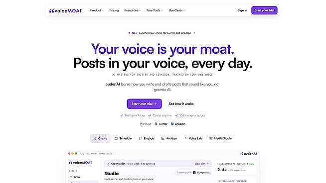 VoiceMOAT: AI writing tool for Twitter and LinkedIn, homepage.