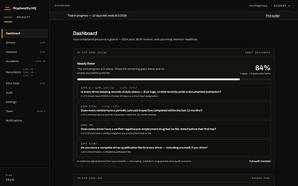 Compliance overview — D&A random pool, MVR review status, and upcoming expirations, each tagged with its CFR citation. Demo fleet data.