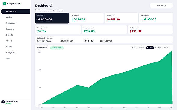 "Get a complete picture of your finances at a glance — net worth, cash flow, daily spend, and multi-currency balances all in one view."
